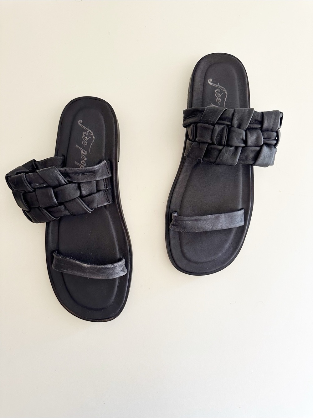 Free People Winding River Black Leather Chung Woven Strap sandals